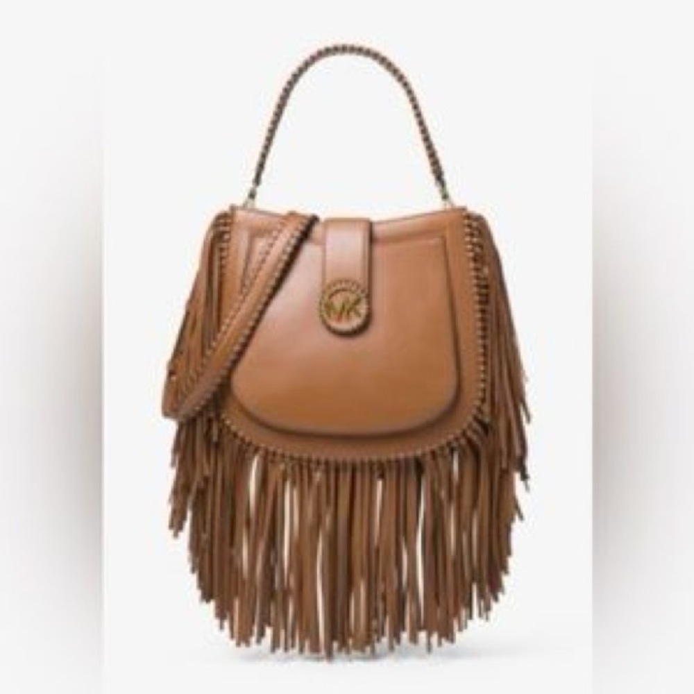 Michael Kors Lillie Brown Fringed Leather Shoulder Bag – New Without Tags